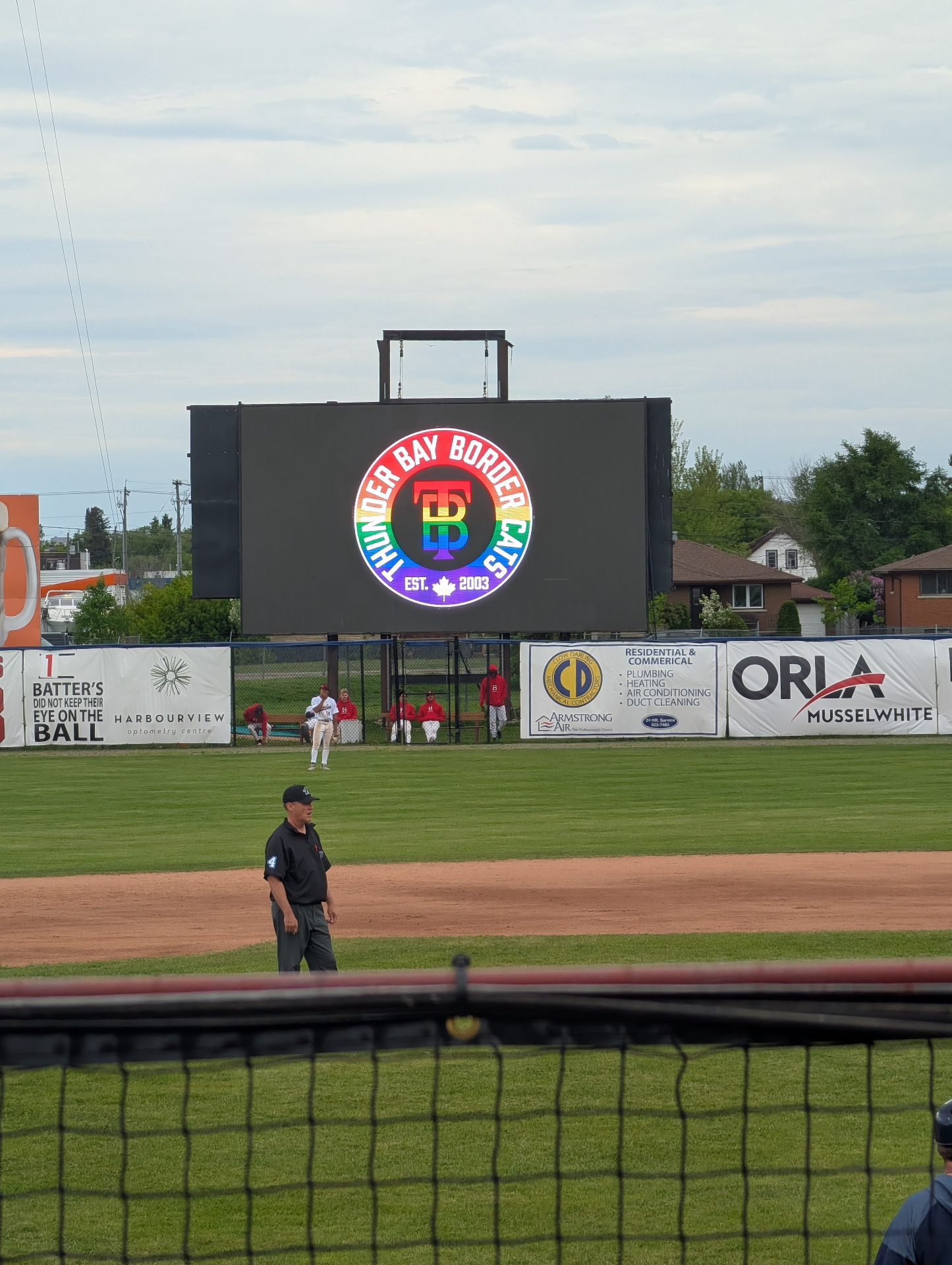 Thunder Bay Border Cats baseball stadium scoreboard at a community game